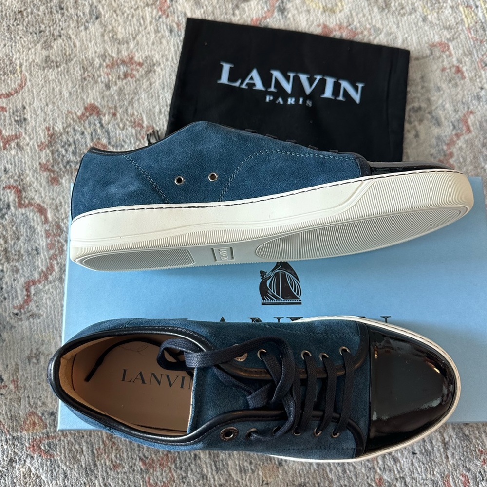 Lanvin
Men's Patent-Toe Suede Sneaker, Dark Turquoise. Size 8US